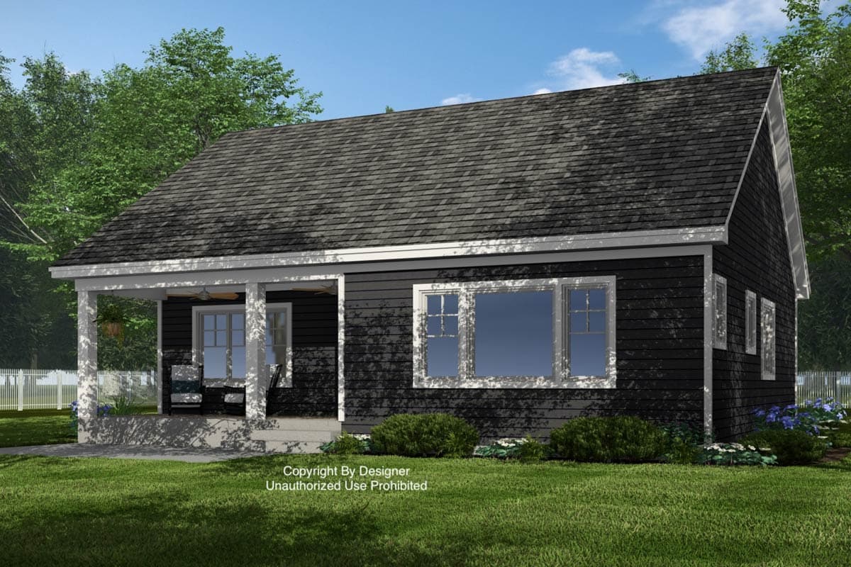 House plan exterior of a one-story home with a covered front porch, gabled roof, and large front windows.