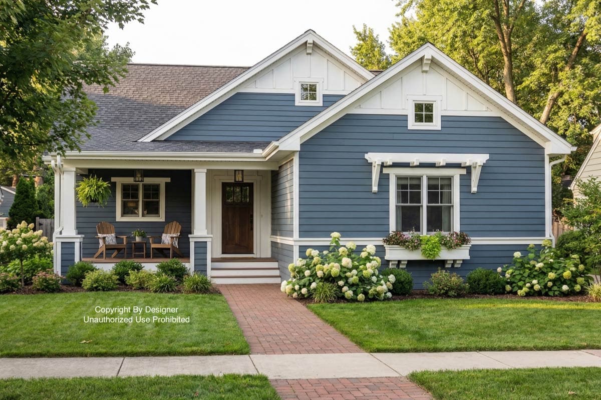 A charming blue house with white trim, a welcoming porch, and a brick path leading to the front door, surrounded by lush landscaping.