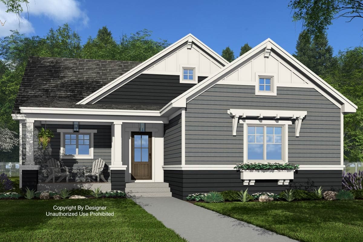 House plan exterior: Modern Farmhouse style, one story, with gabled dormers, covered porch, and decorative window trim.
