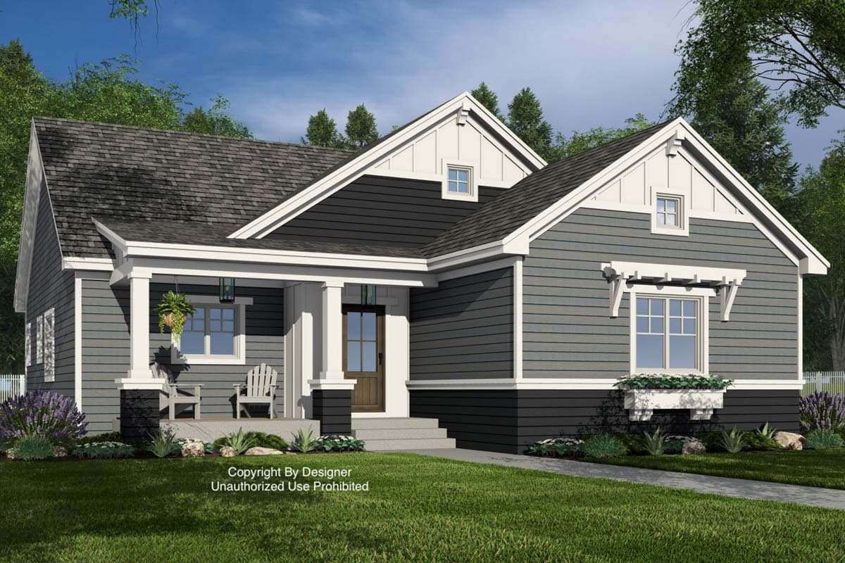 House plan exterior: one-story Modern Farmhouse with covered porch, prominent gables, and decorative window pergola.