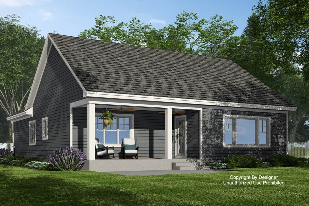 House plan exterior featuring a covered front porch with columns, gabled roofline, and double-hung windows.