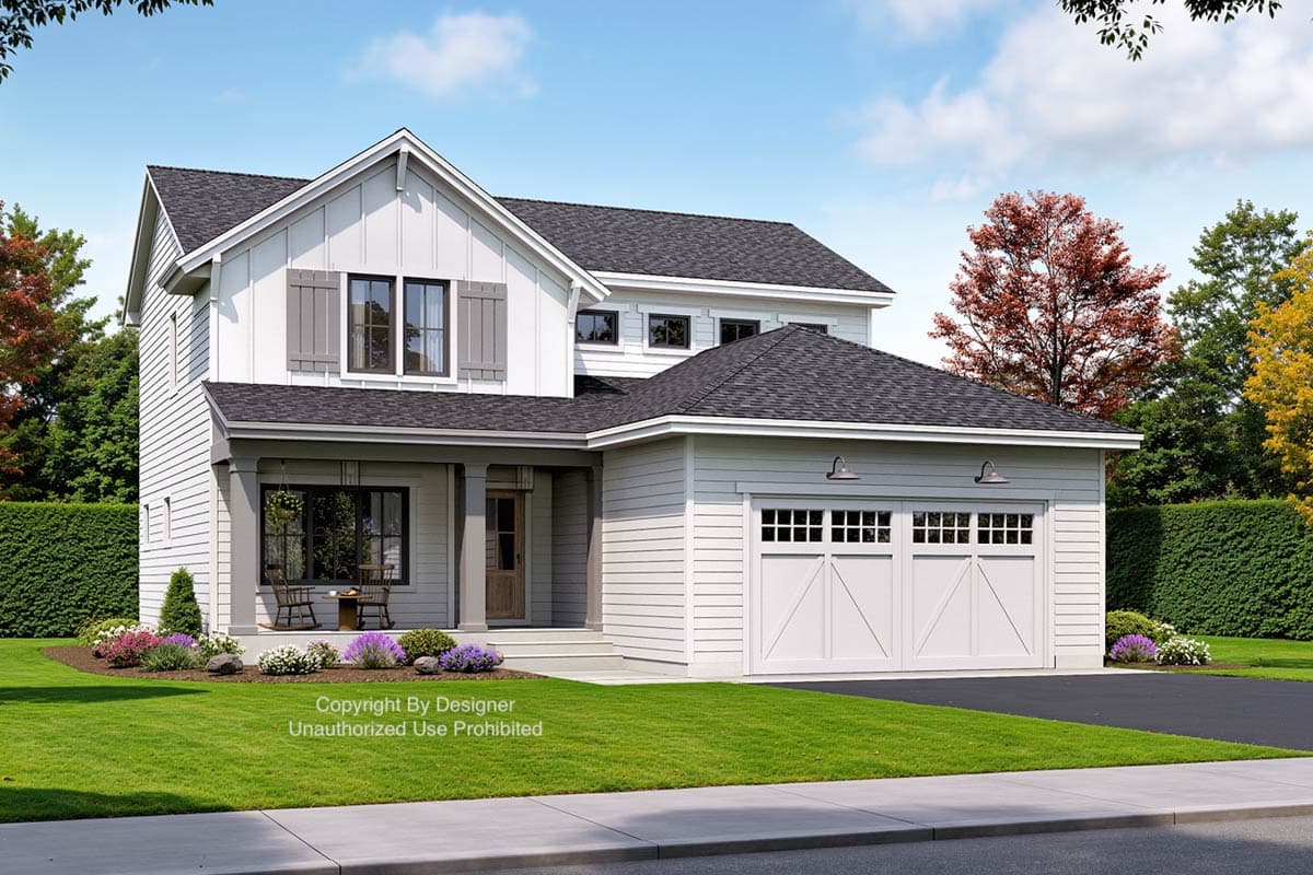 House plan exterior. Two-story Modern Farmhouse with a front porch, gabled roof, and attached garage. Includes board-and-batten siding and shutters.
