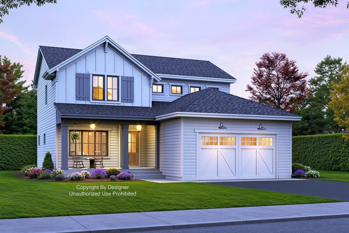 Modern Farmhouse house plan exterior, two stories, with covered front porch, board and batten siding, and a two-car garage.