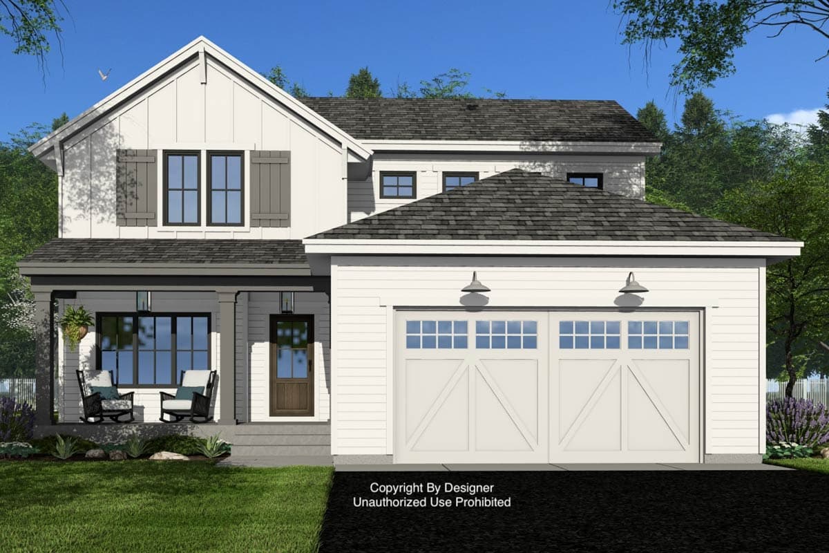 House plan exterior: Two-story Modern Farmhouse with a covered front porch, board and batten siding, and a detached two-car garage.