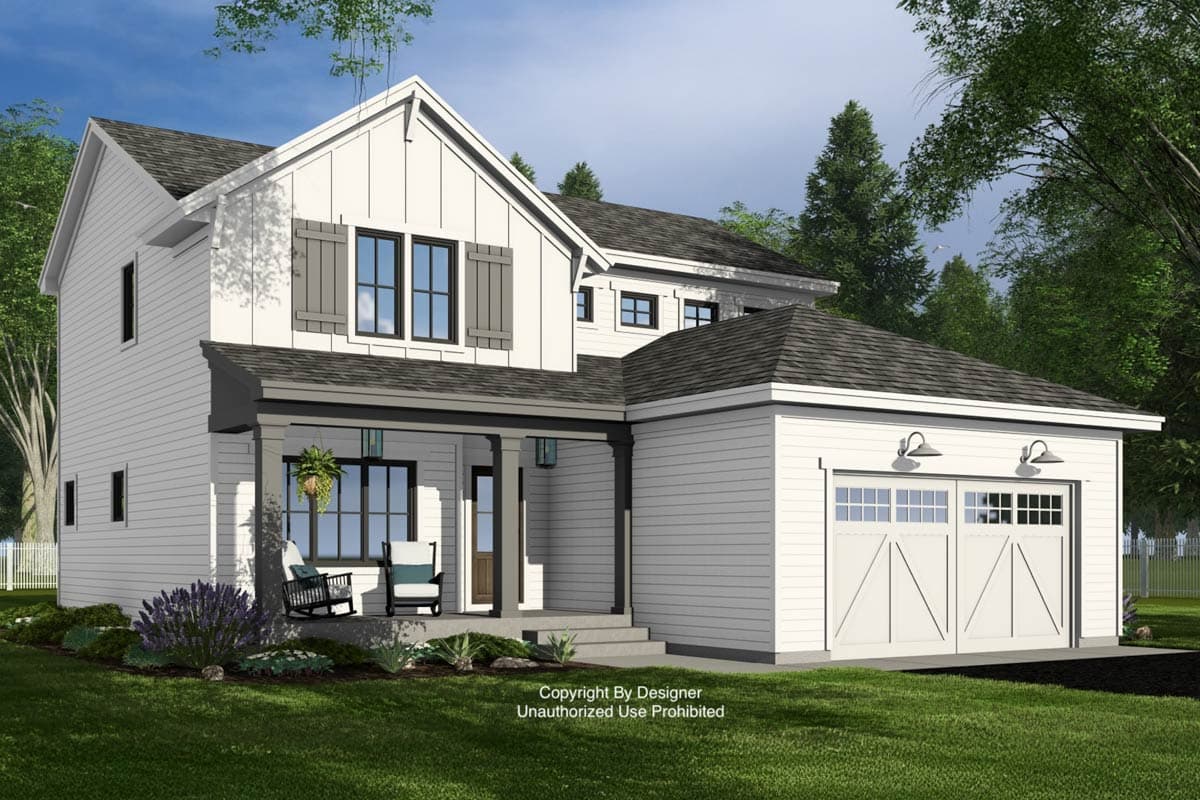 Modern Farmhouse house plan exterior: two stories, board and batten siding, covered front porch, and two-car garage with barn-style doors.