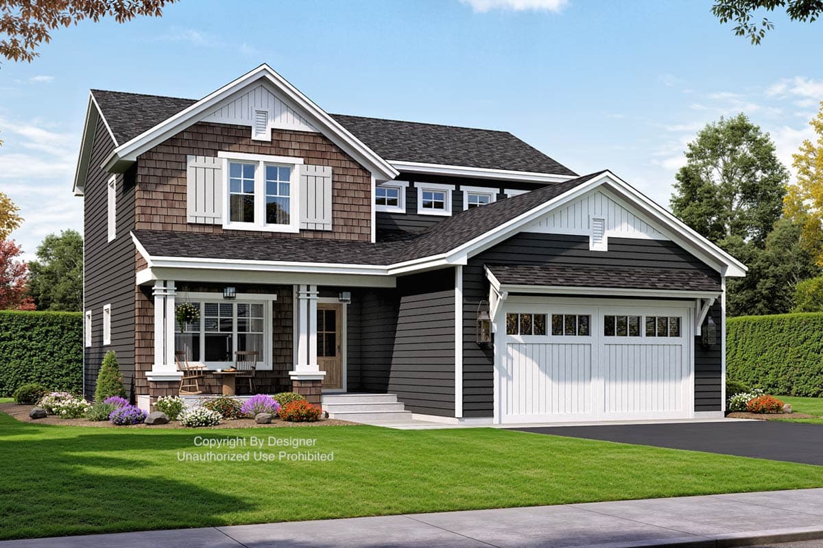Craftsman house plan exterior with two stories. Features include a front porch with columns, gables, and a two-car garage. Shingle siding visible.