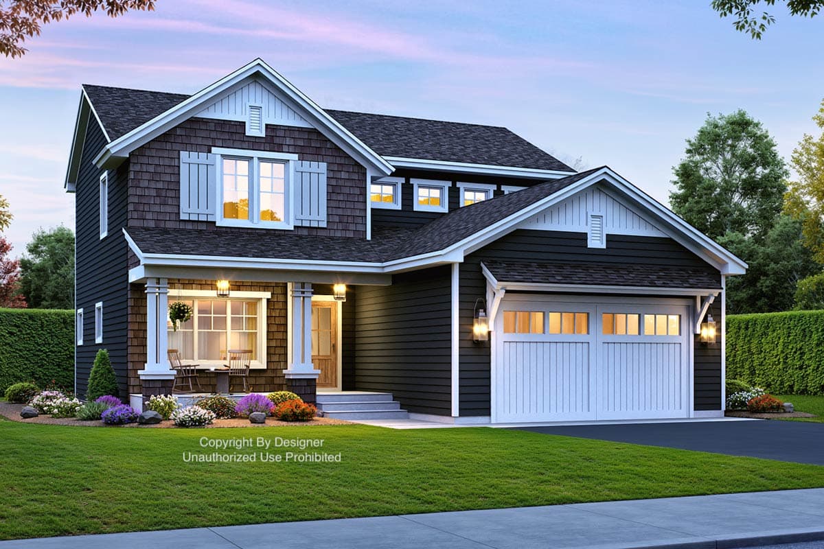 House plan exterior: Two-story Modern Farmhouse with shingle siding, gabled dormers, front porch with columns, and attached two-car garage.