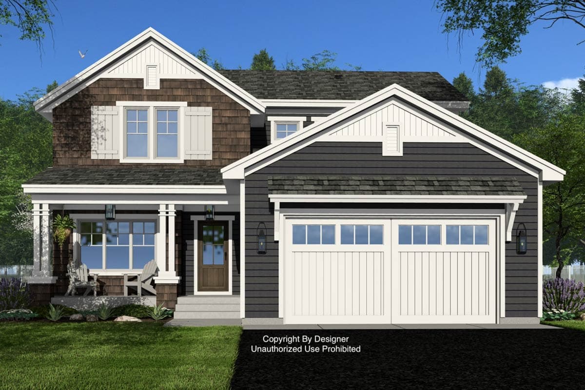 House plan exterior: Two-story Modern Farmhouse with shingle siding, gables, covered porch, and a side-facing two-car garage.