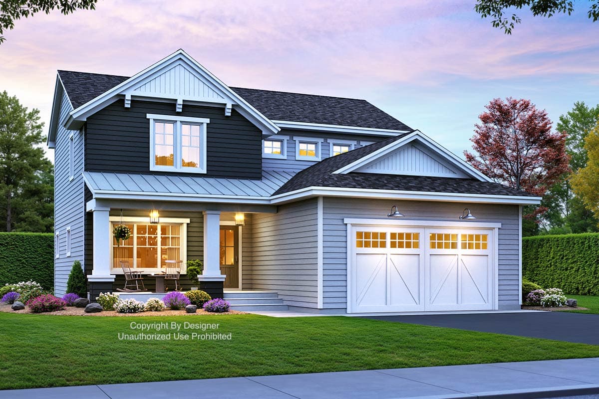 Two-story house plan exterior with covered front porch, gabled dormers, and a two-car side-entry garage.