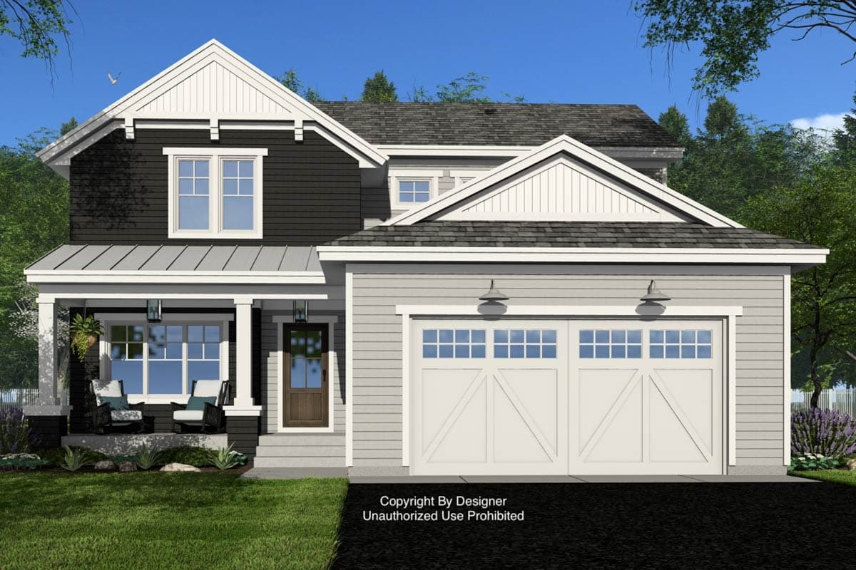 House plan exterior featuring a covered front porch, gables, dormers, and a two-car garage with decorative doors.