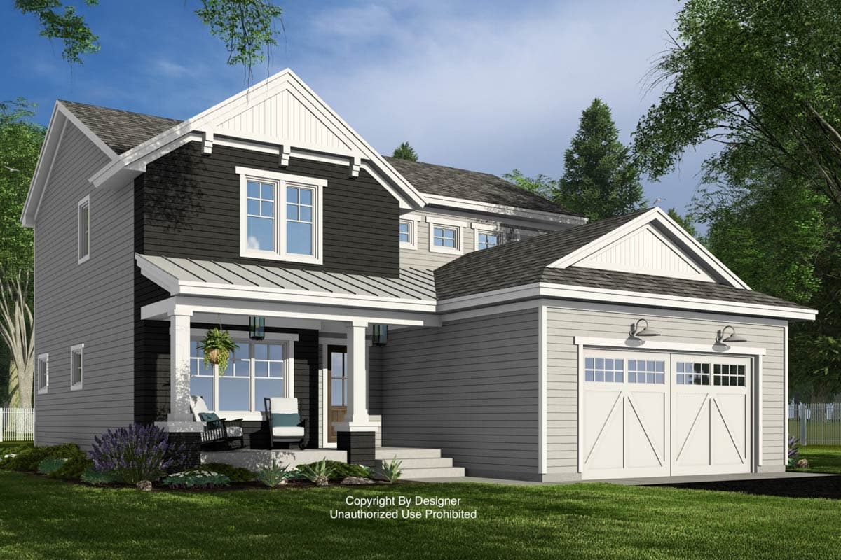 Two-story house plan exterior with gabled dormers, a covered front porch, and a two-car garage with carriage-style doors.