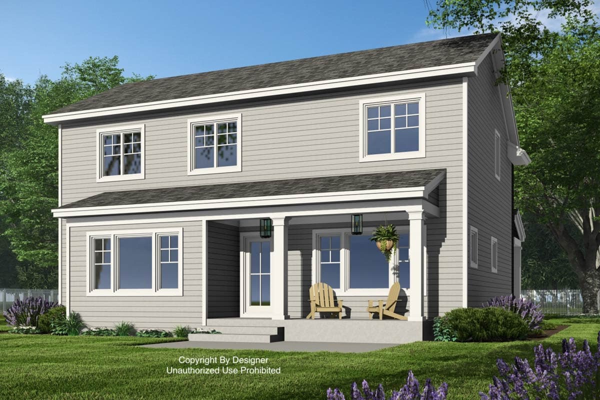 Two-story house plan exterior with a covered front porch, multiple gables, and symmetrical window placement.