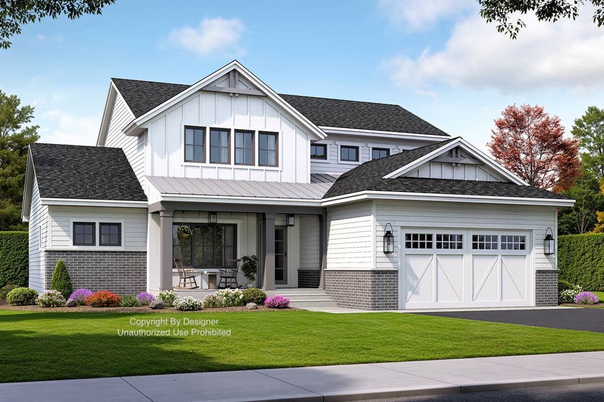 Modern Farmhouse house plan exterior with two stories, gabled rooflines, covered porch, and attached garage.