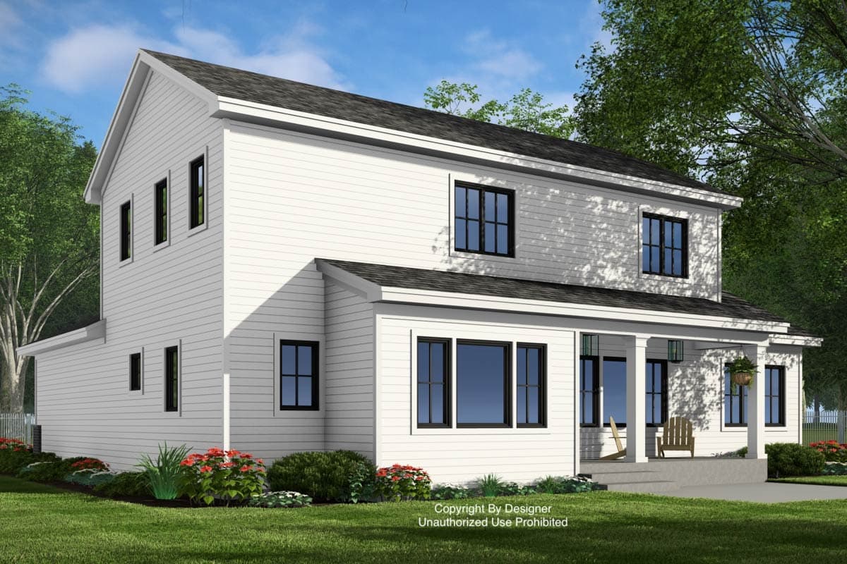 Two-story house plan with white siding, a prominent gabled roof, and a covered front porch with square columns.