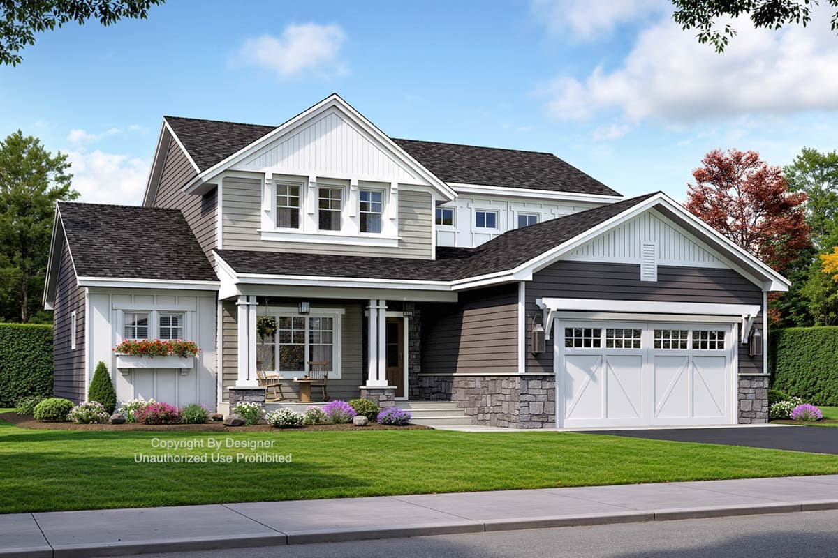 House plan exterior. Two-story Modern Farmhouse with gabled roof, covered porch, and attached garage. Stone accents and dormers.