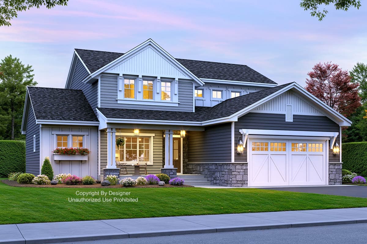 House plan exterior of a two-story home with a covered porch, stone accents, gable dormers, and a two-car garage.