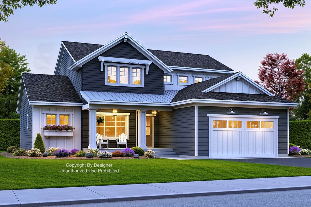 House plan exterior: Two-story Modern Farmhouse with covered porch, gables, and attached two-car garage.