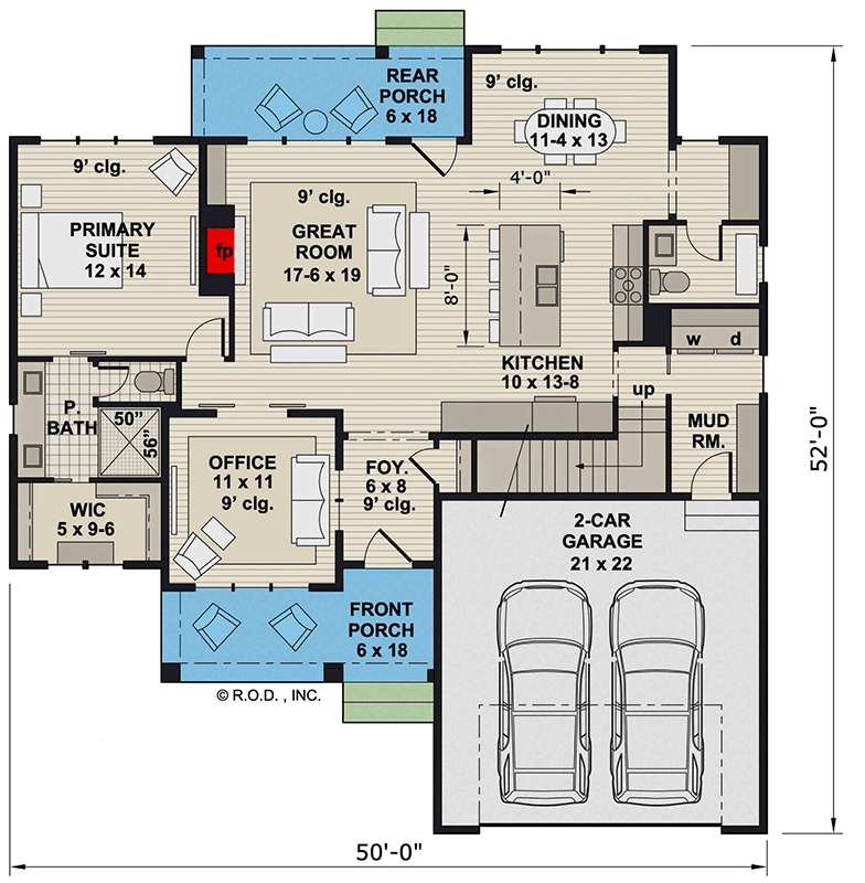 Plan 14966RK: Two-Story Craftsman House Plan with Main Floor Master - 2500 Sq Ft - Floor Plan - Main Level - Craftsman, Traditional