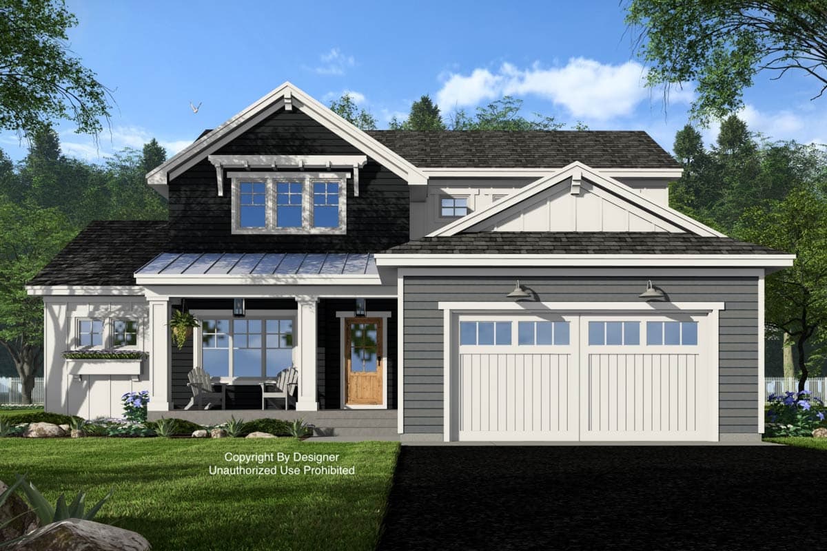 House plan exterior: Modern Farmhouse style, two stories, featuring a covered porch, gable dormers, and a two-car front-facing garage.