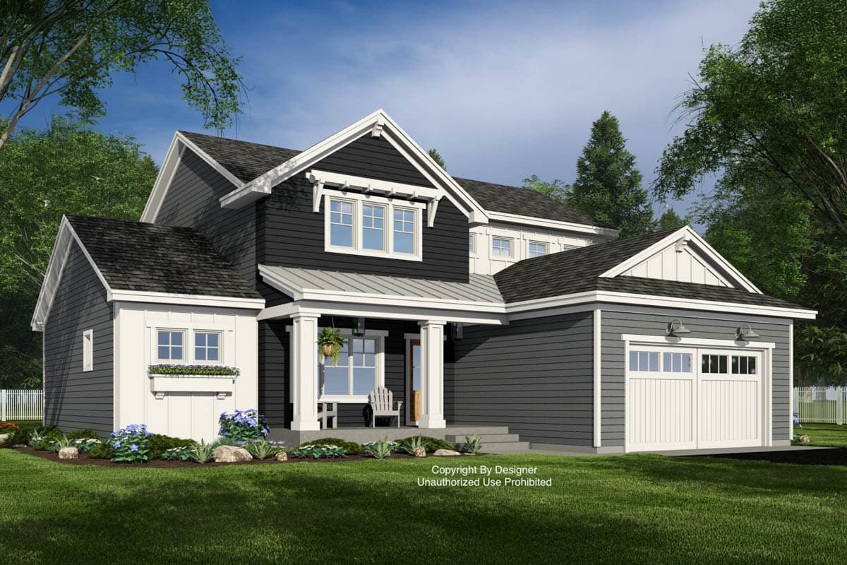 House plan exterior: Two-story Modern Farmhouse with gabled dormers, a covered front porch, and an attached two-car garage.