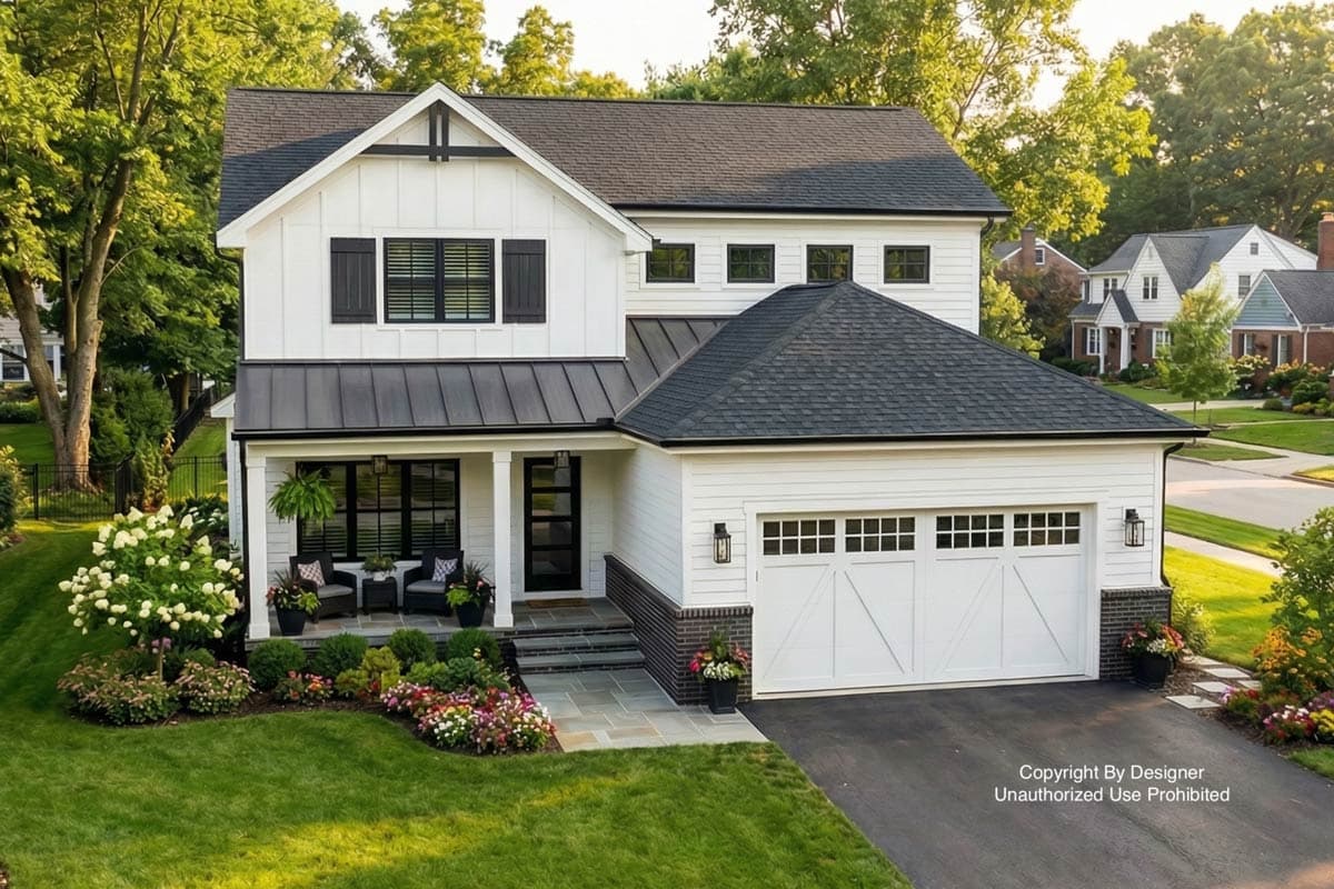 A modern, white two-story house with black trim and a dark roof. Landscaping surrounds the house and a well-manicured lawn is in front.