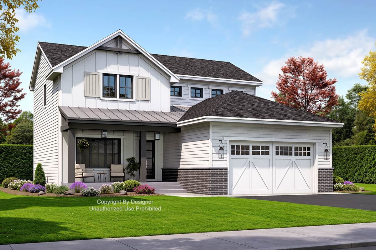 Modern Farmhouse house plan exterior: two stories, covered porch with columns, gabled roof, and attached two-car garage.
