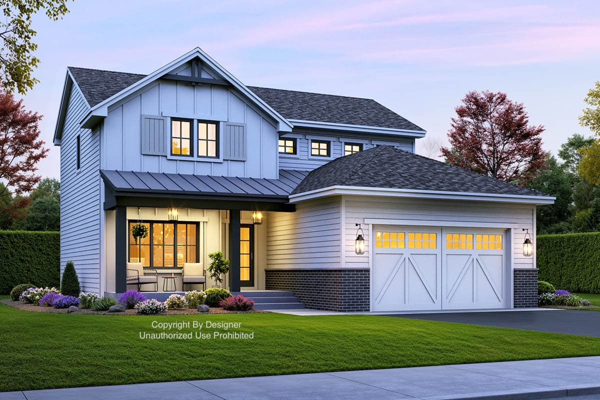 Modern Farmhouse house plan exterior, two stories, with a covered front porch, board and batten siding, and a two-car garage.