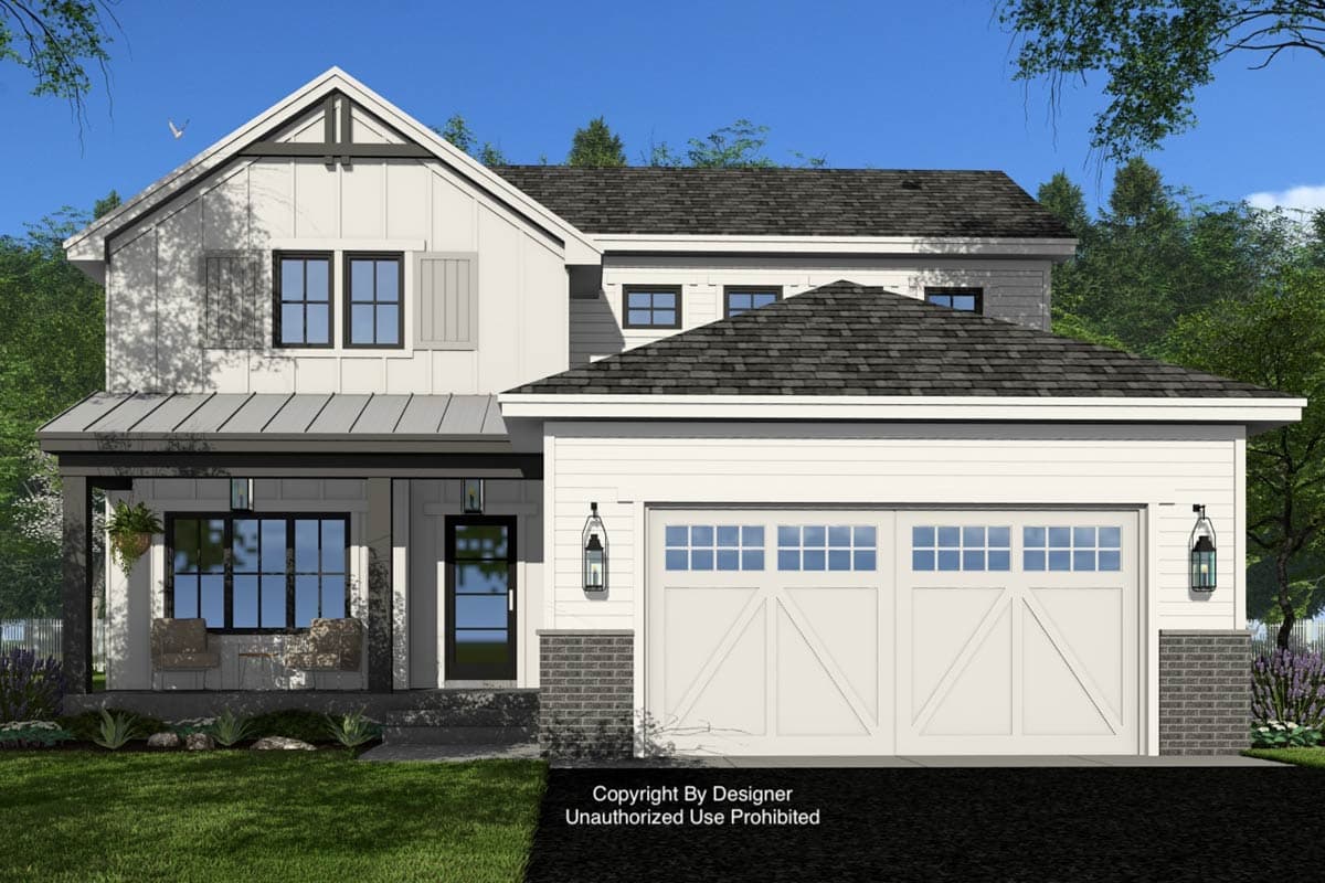 House plan exterior: Modern Farmhouse style, two stories, covered front porch, metal roof, two-car garage, gables, and dormers.