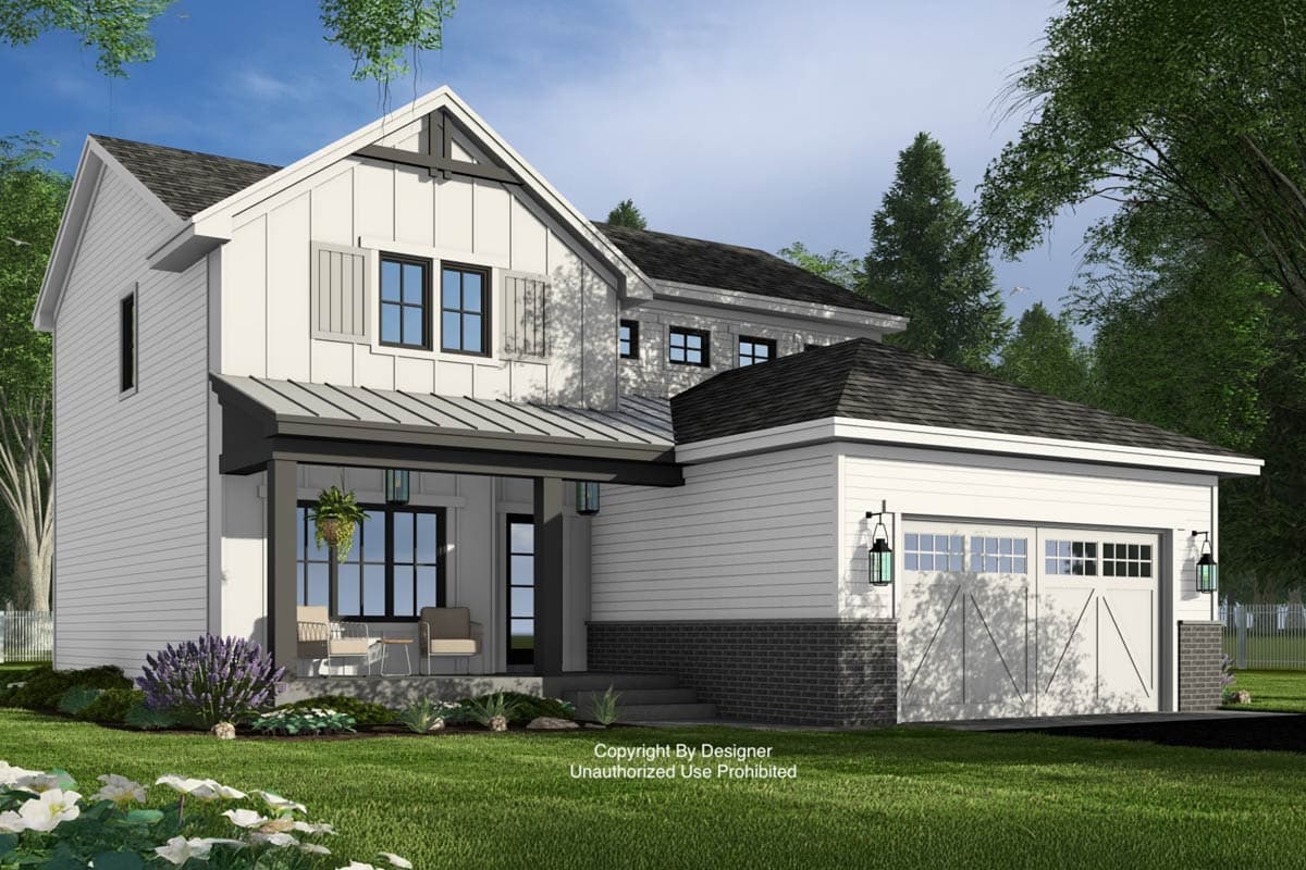 Modern Farmhouse house plan exterior with a covered porch, white board and batten siding, gabled dormers, and an attached garage.