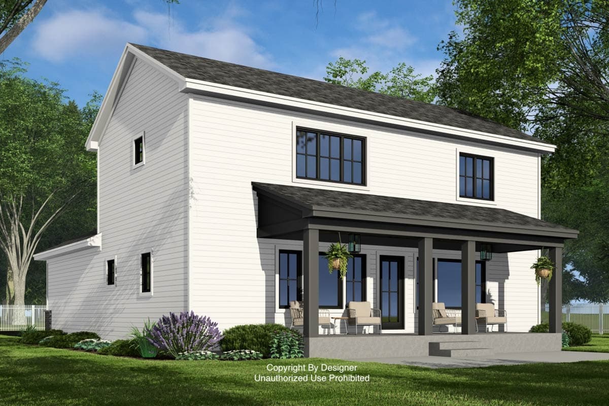 Two-story Modern Farmhouse exterior with a covered front porch, gabled roof, and white horizontal siding.