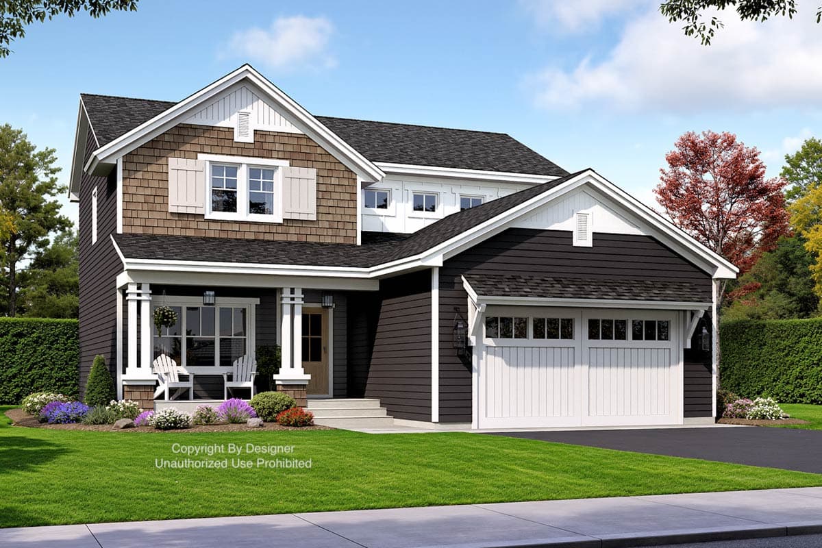 House plan exterior. Two-story Craftsman home with a front porch, gables, and a garage with a carriage-style door.