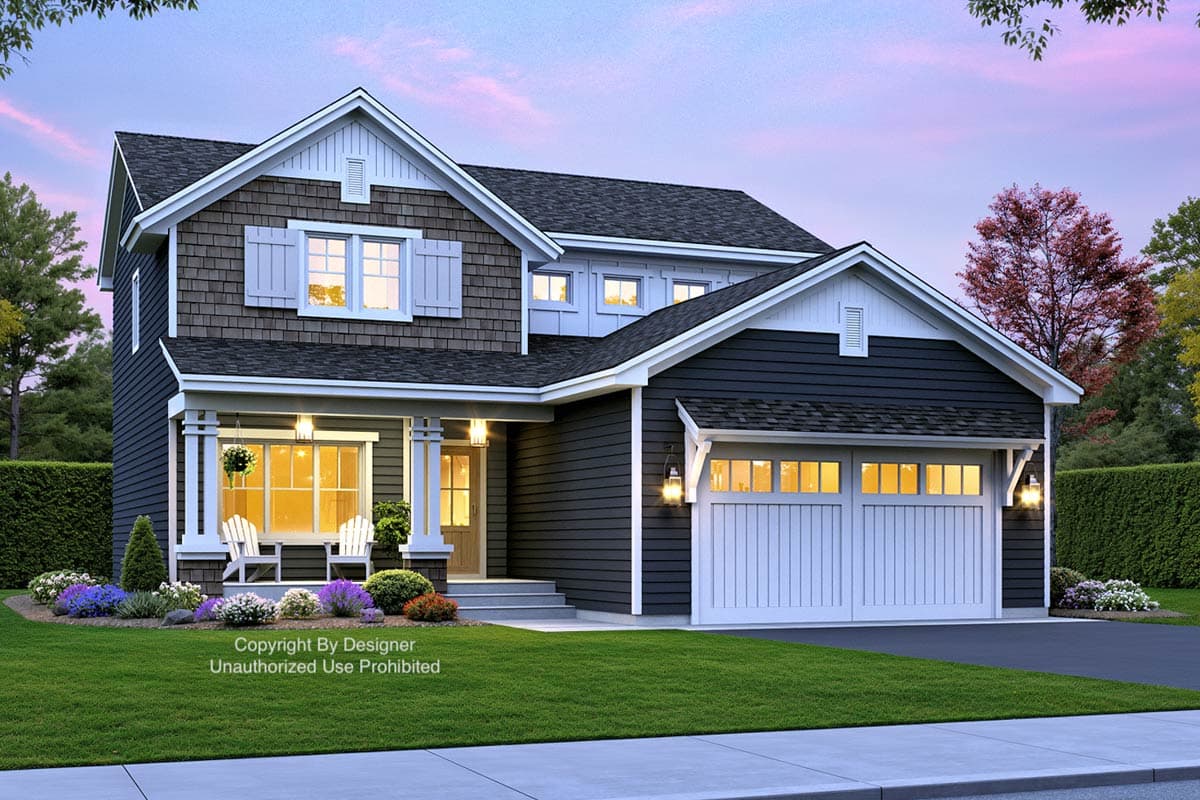 House plan exterior: Two-story, dark siding, light trim, prominent gables, covered front porch, and two-car garage with carriage doors.