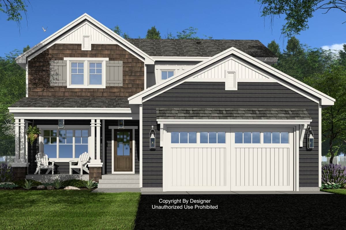 House plan exterior: Two-story Modern Farmhouse with shingle siding, covered front porch, gable details, and a two-car front-facing garage.