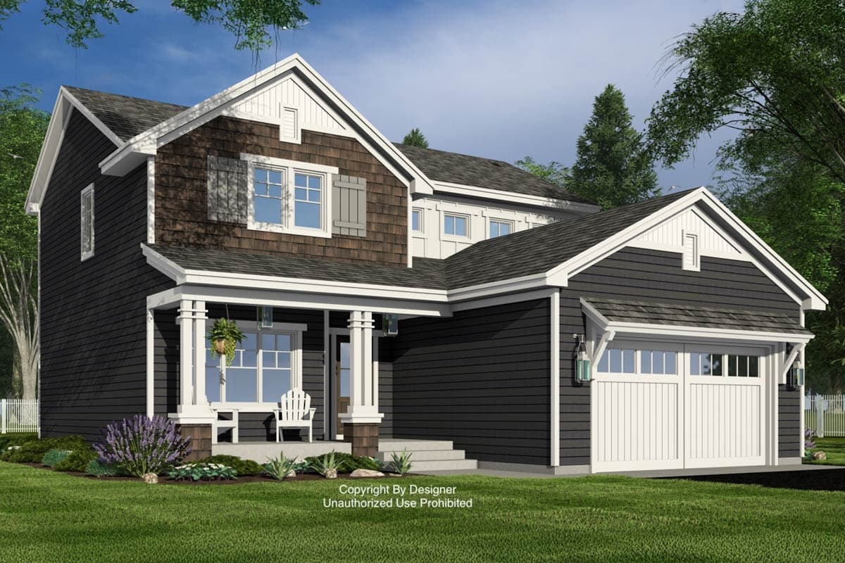 House plan exterior: Two-story Modern Farmhouse with covered front porch, decorative gables, shingle siding, and a two-car garage.