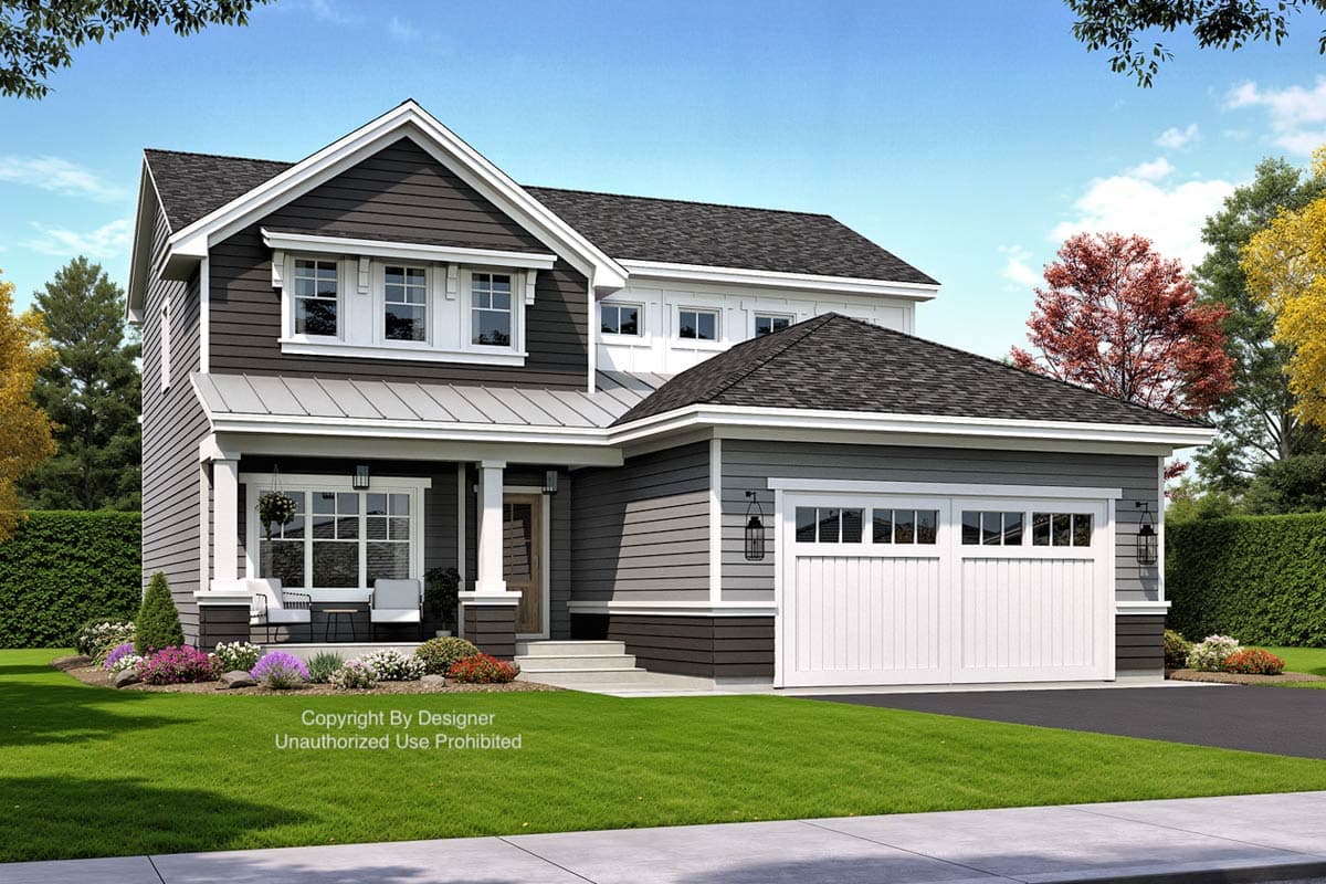 House plan exterior: two-story Modern Farmhouse with a covered front porch, gable, and side-facing garage.