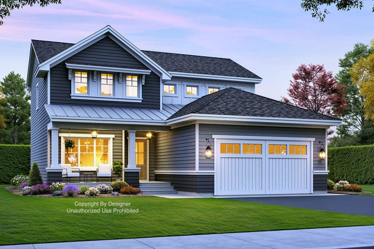 House plan exterior. Two-story home with a gabled roof, a front porch, and a side-entry garage. Features dormers above the garage.