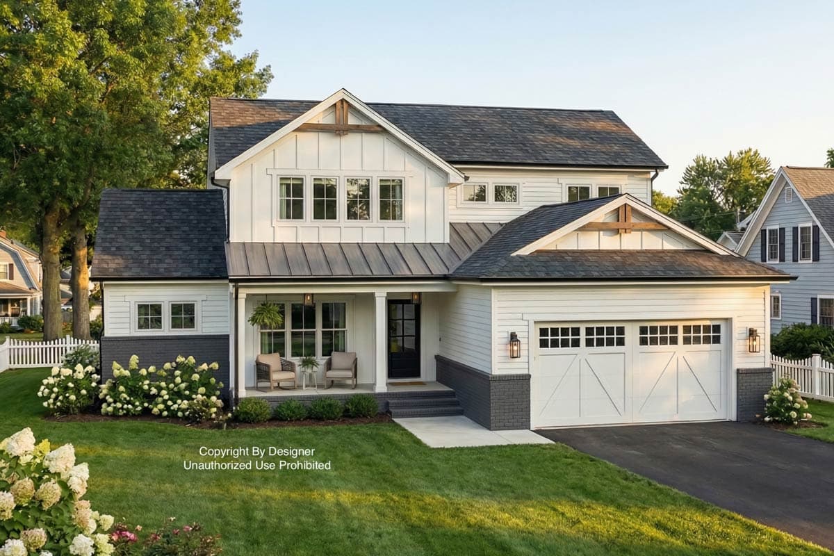 A two-story white house with a dark gray roof and trim, a small porch, and a two-car garage. Landscaping features hydrangeas and a green lawn.