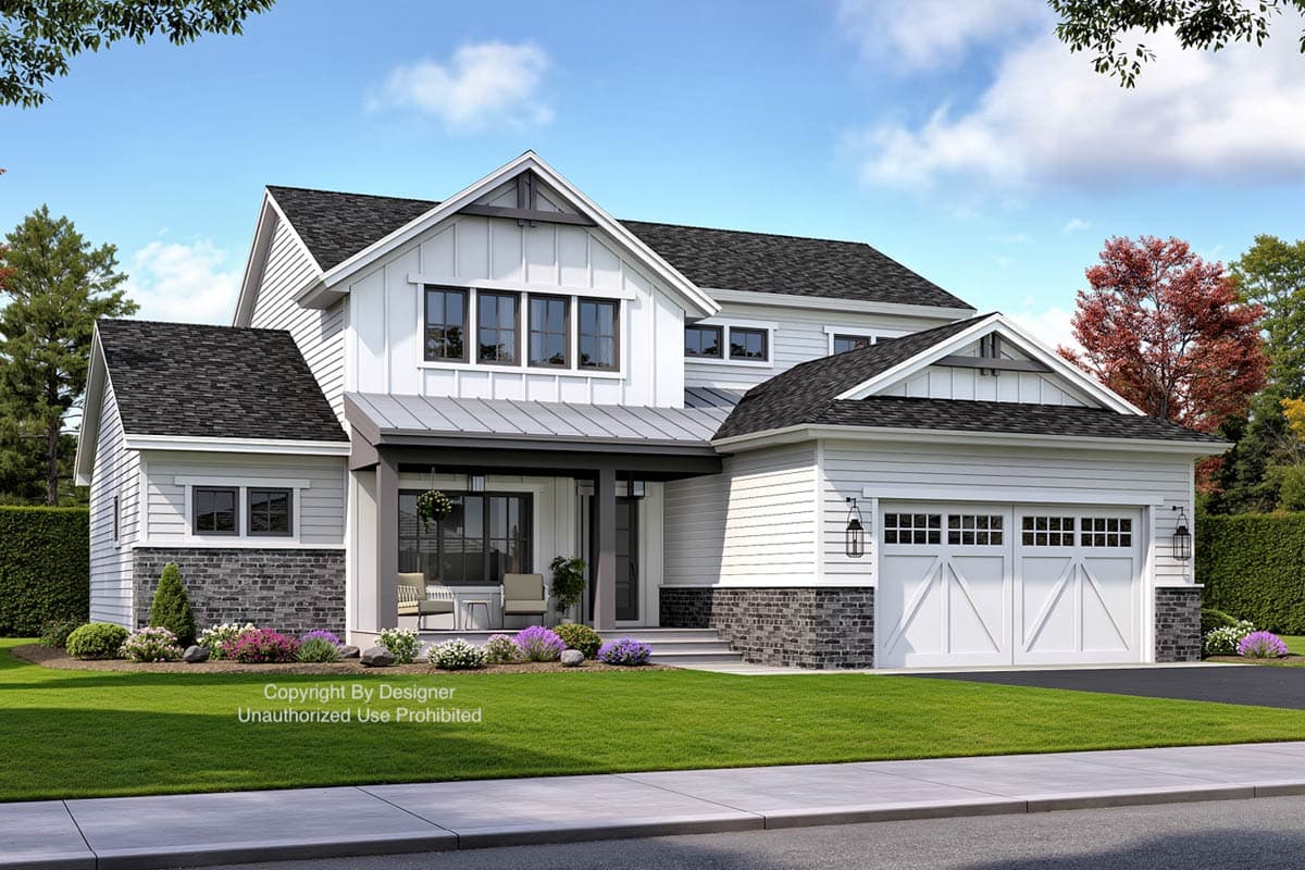 Modern Farmhouse house plan exterior with a covered porch, gables, board and batten siding, and a two-car garage.