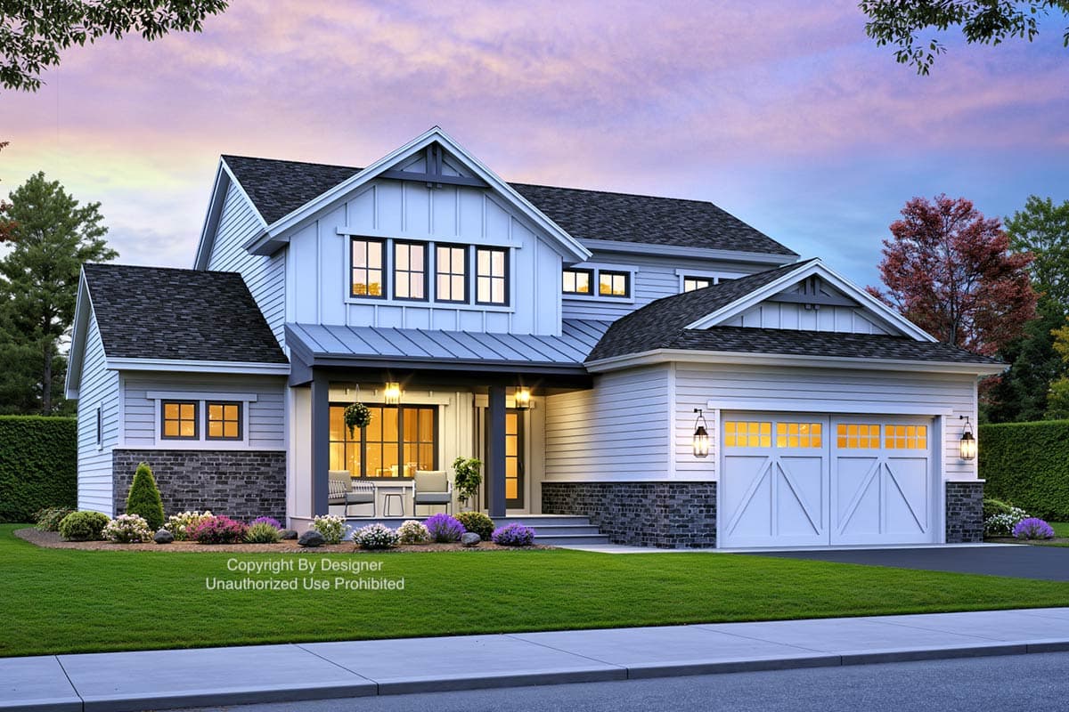 Modern Farmhouse house plan exterior with a covered porch, gables, and a two-car garage.