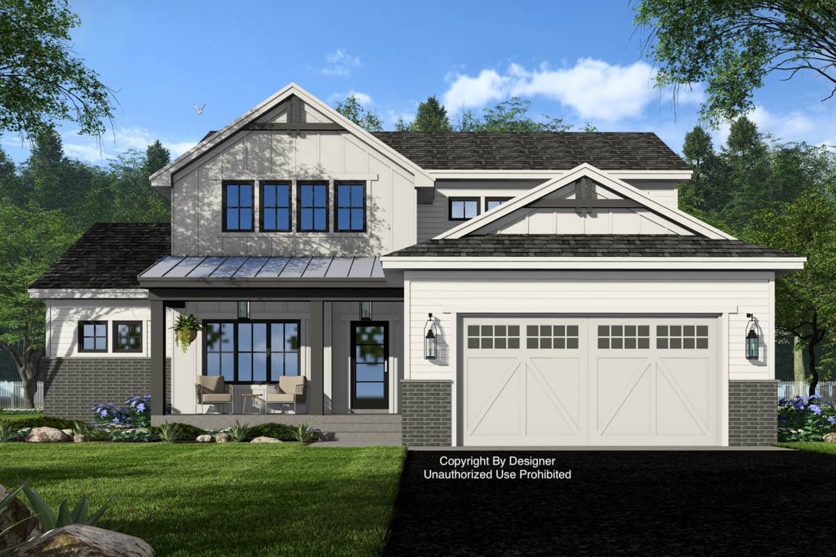 House plan exterior: Modern Farmhouse style, two stories, with a covered porch, board and batten siding, and a two-car garage.