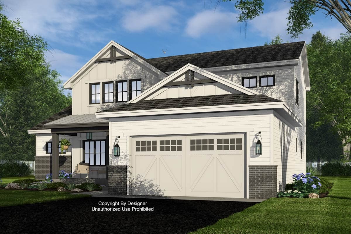 House plan exterior: Modern Farmhouse style, two stories, with a covered front porch, gables, and a two-car side-entry garage.