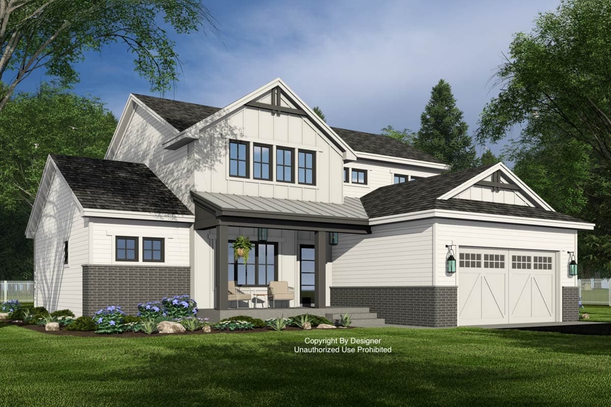 Modern Farmhouse house plan exterior, two stories, with gables, covered porch, and attached garage.