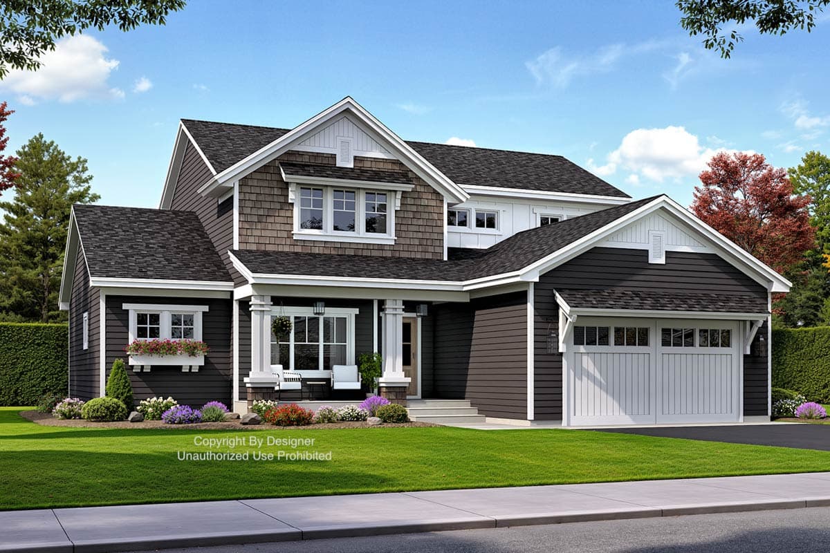 Two-story house plan exterior with gabled rooflines, shingle siding, covered porch with columns, and a side-facing garage.
