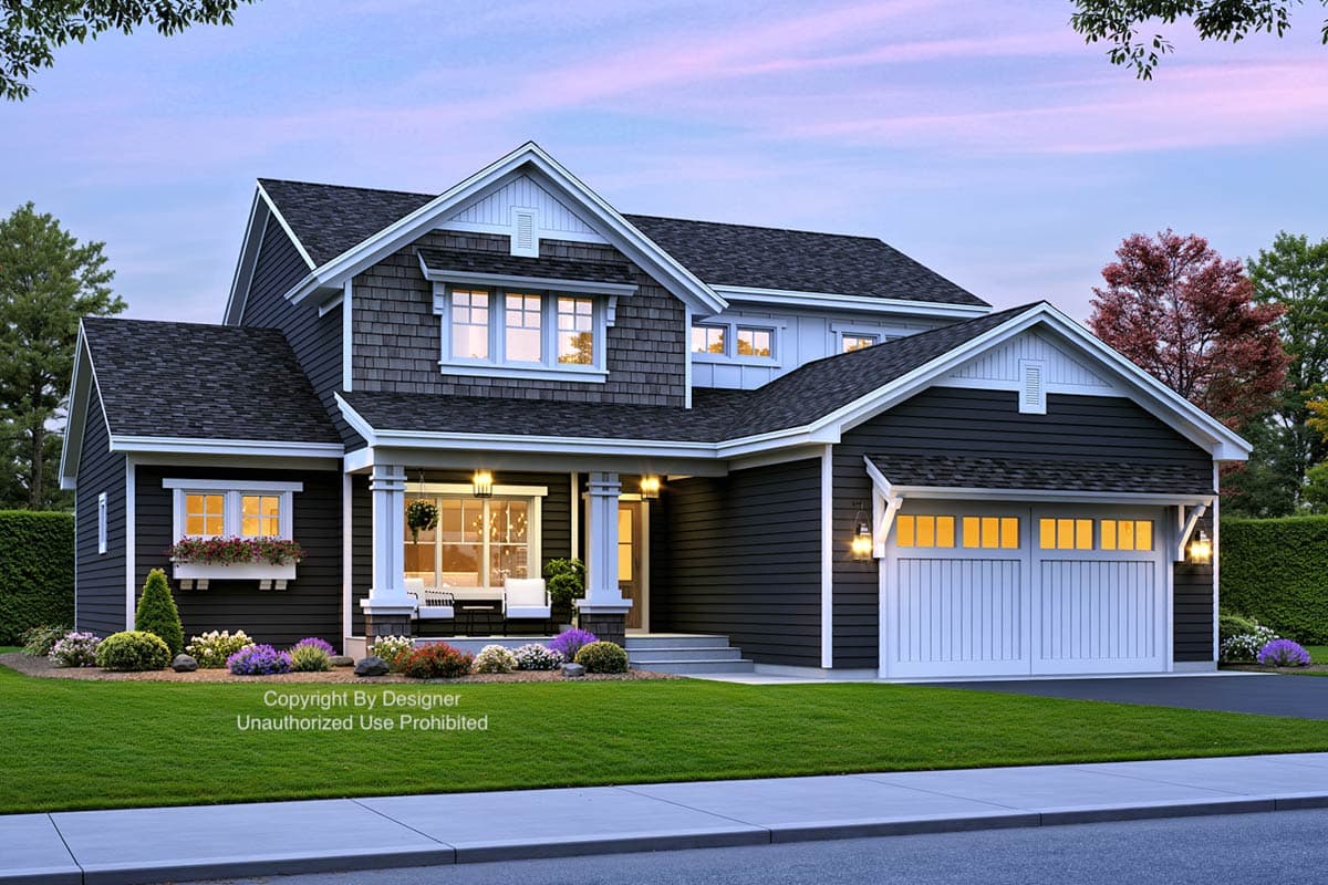 House plan exterior: Two-story home with a covered front porch, dormers, and a two-car side-entry garage.