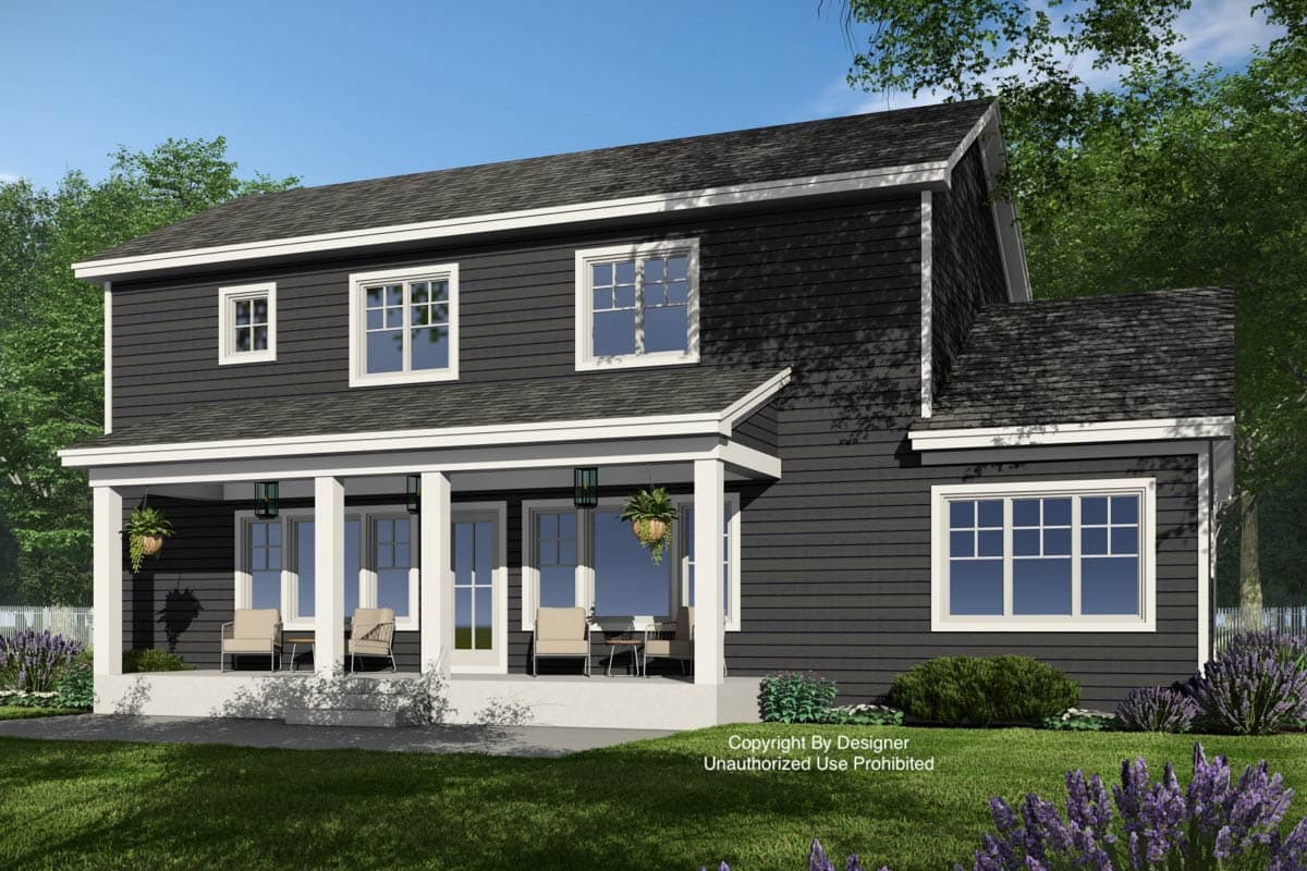 House plan exterior: Two-story dwelling with a covered front porch supported by columns, gabled rooflines, and double-hung windows.