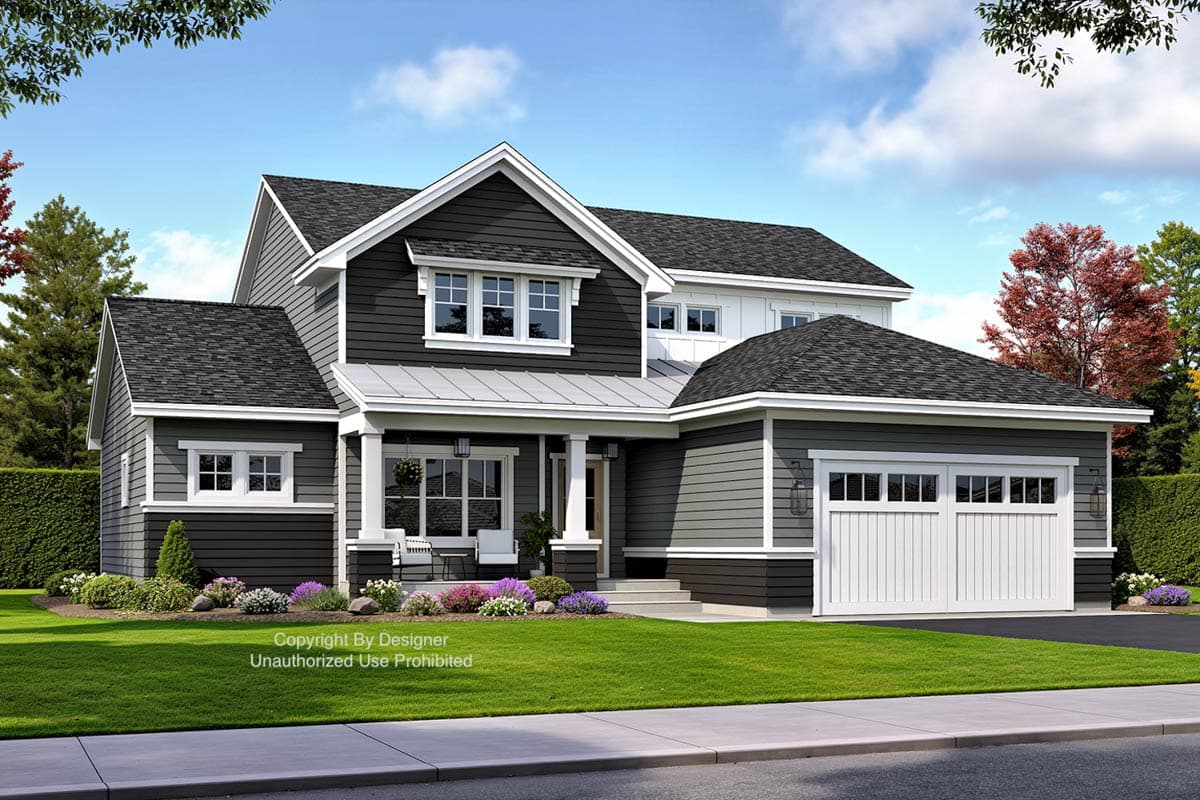 House plan exterior: Two-story modern farmhouse with a covered front porch, gables, and a side-entry garage.