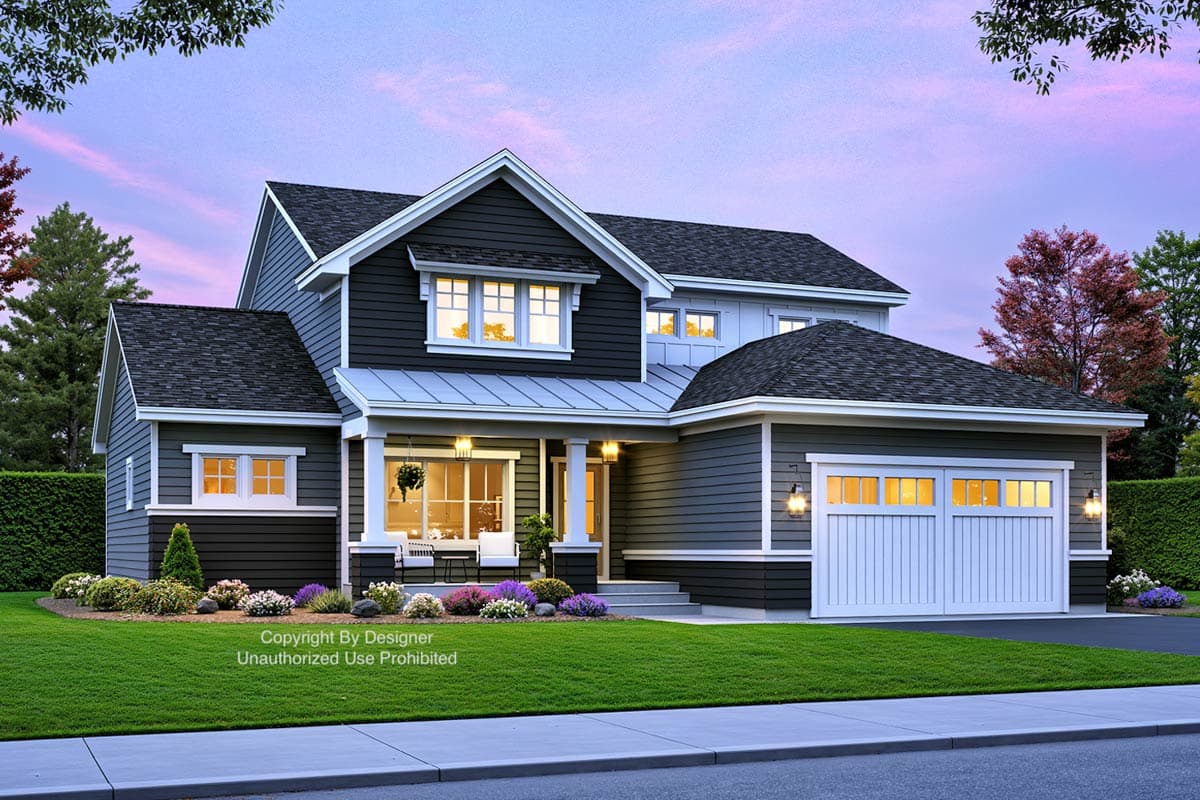 House plan exterior features a two-story dwelling with a covered porch, multiple gables, and an attached two-car garage.