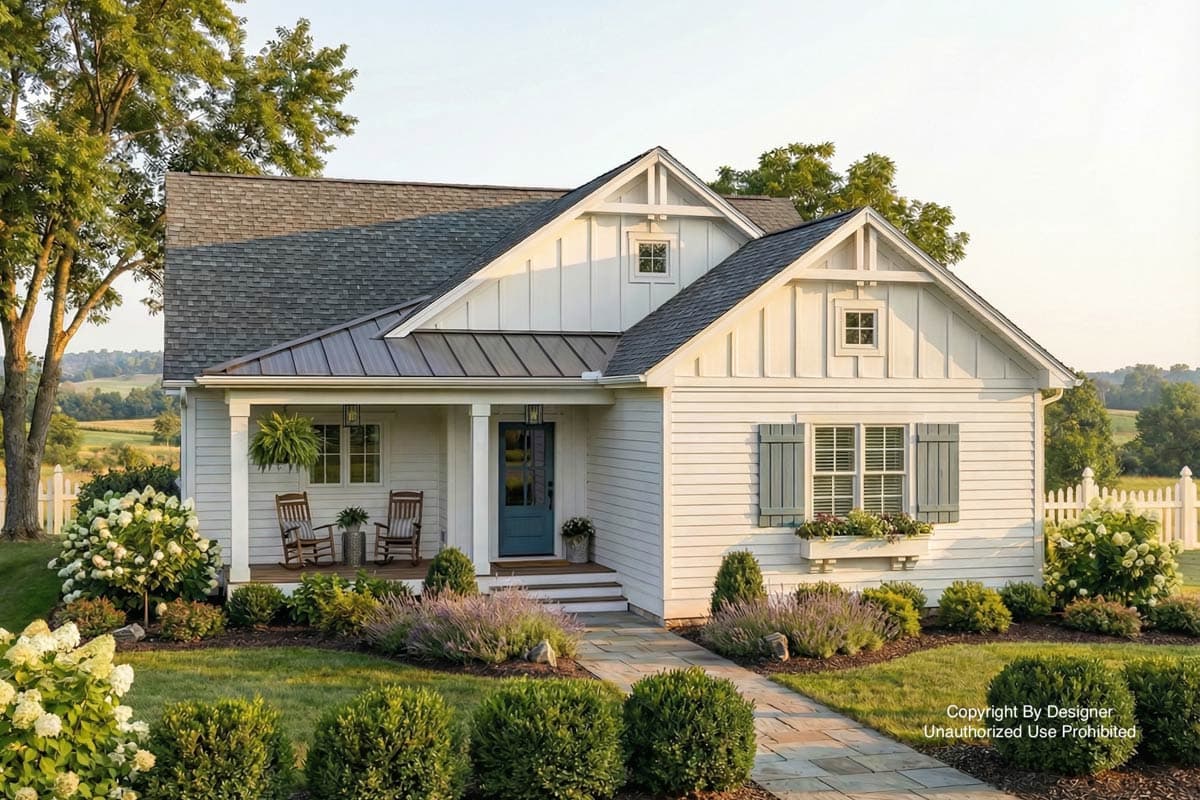 Charming white farmhouse with a blue front door, porch, and a stone walkway. Landscaped with neatly trimmed bushes and vibrant flowers.