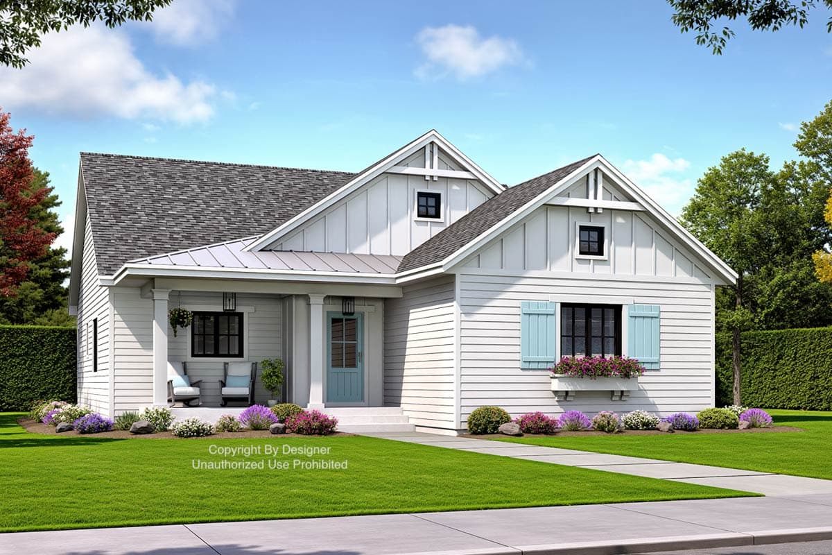 Modern Farmhouse house plan exterior with a covered porch, board and batten siding, gable rooflines, and decorative window shutters.