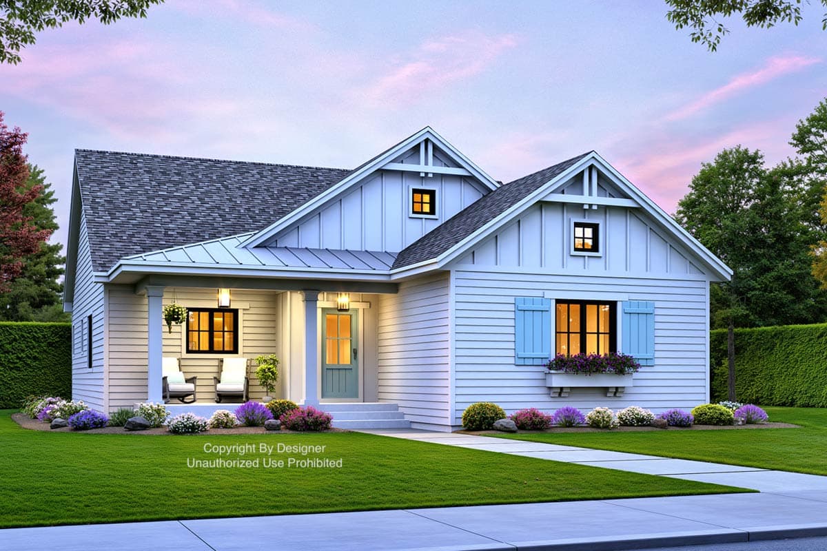 Modern Farmhouse house plan exterior with a prominent gable, front porch with columns, and board and batten siding.